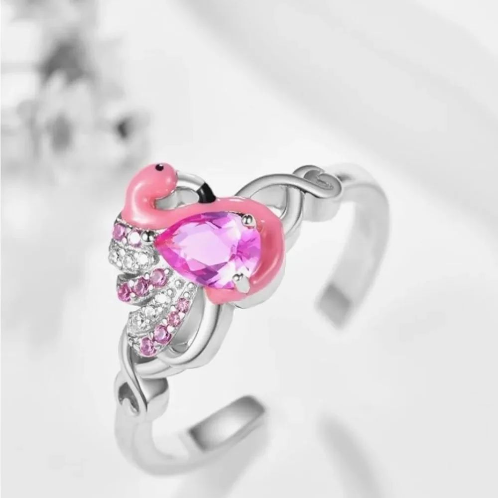 ☔️🩵⏭️NIB Sterling Silver & Pink Cubic Zirconia Adjustable Flamingo Ring
